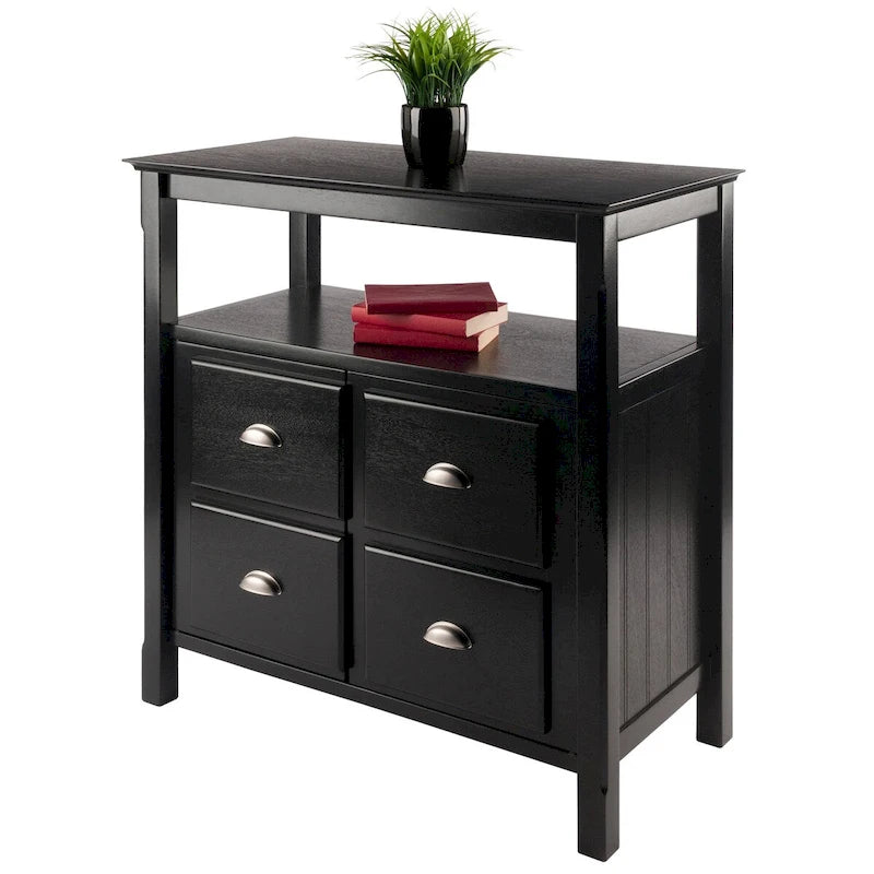 Credenza a buffet nera con contenitore, 1 anta e ripiano aperto
