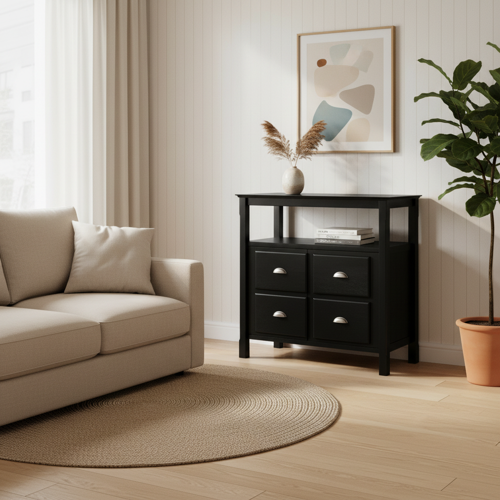 Credenza a buffet nera con contenitore, 1 anta e ripiano aperto