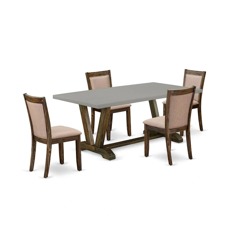 Set da pranzo rettangolare – Piano in cemento, color Jacobean invecchiato, sedie color cachi scuro, 5/6/7/9 pezzi