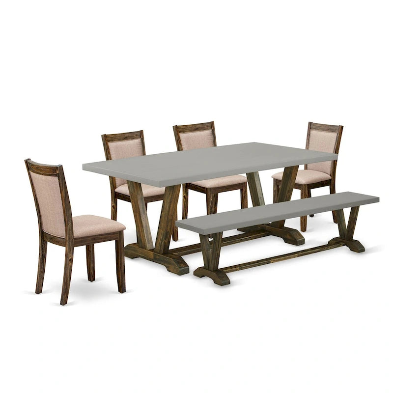 Set da pranzo rettangolare – Piano in cemento, color Jacobean invecchiato, sedie color cachi scuro, 5/6/7/9 pezzi