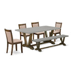 Set da pranzo rettangolare – Piano in cemento, color Jacobean invecchiato, sedie color cachi scuro, 5/6/7/9 pezzi