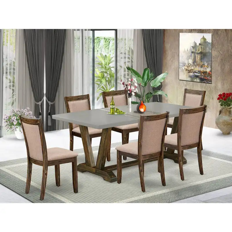 Set da pranzo rettangolare – Piano in cemento, color Jacobean invecchiato, sedie color cachi scuro, 5/6/7/9 pezzi