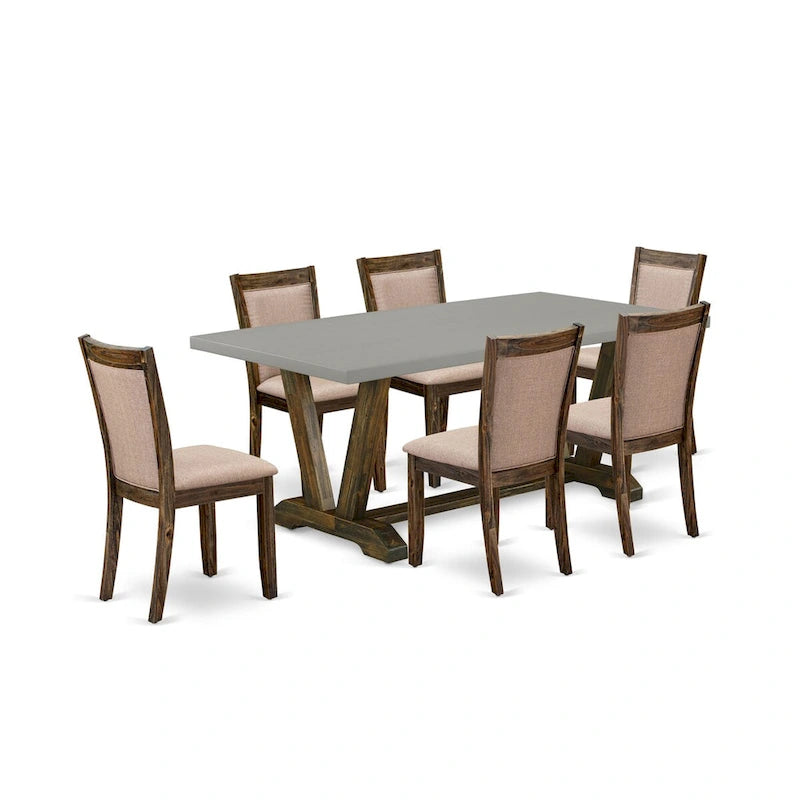 Set da pranzo rettangolare – Piano in cemento, color Jacobean invecchiato, sedie color cachi scuro, 5/6/7/9 pezzi