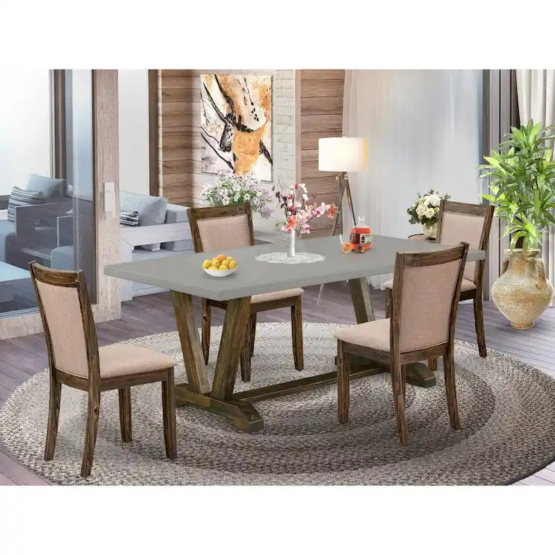 Set da pranzo rettangolare – Piano in cemento, color Jacobean invecchiato, sedie color cachi scuro, 5/6/7/9 pezzi