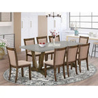 Set da pranzo rettangolare – Piano in cemento, color Jacobean invecchiato, sedie color cachi scuro, 5/6/7/9 pezzi