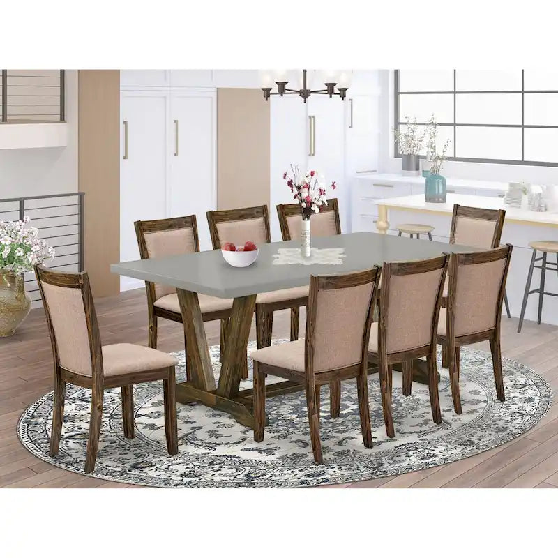 Set da pranzo rettangolare – Piano in cemento, color Jacobean invecchiato, sedie color cachi scuro, 5/6/7/9 pezzi