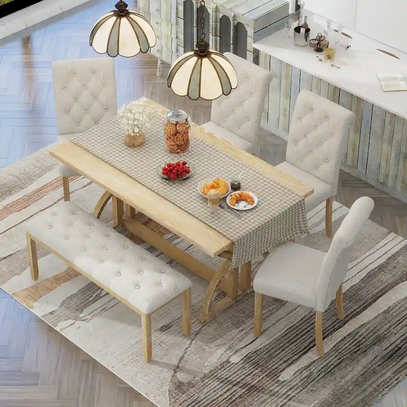 Set da pranzo rettangolare retrò – Noce/Grigio, 6 persone (tavolo + 4 sedie + panca)