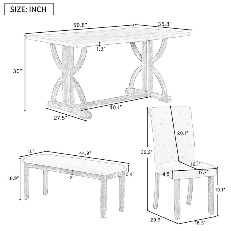 Set da pranzo rettangolare retrò – Noce/Grigio, 6 persone (tavolo + 4 sedie + panca)