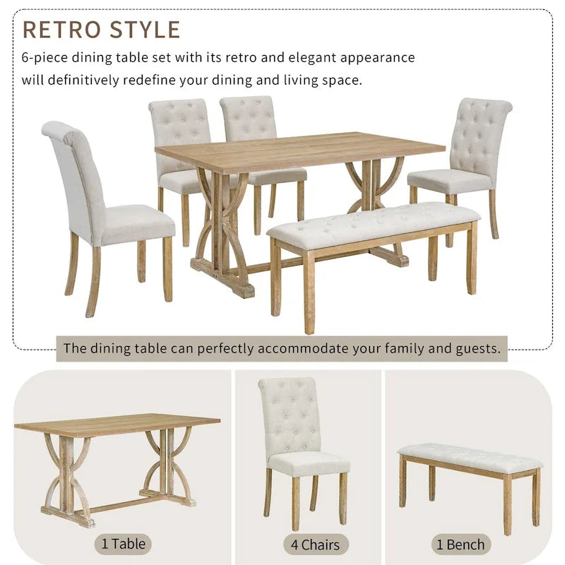 Set da pranzo rettangolare retrò – Noce/Grigio, 6 persone (tavolo + 4 sedie + panca)