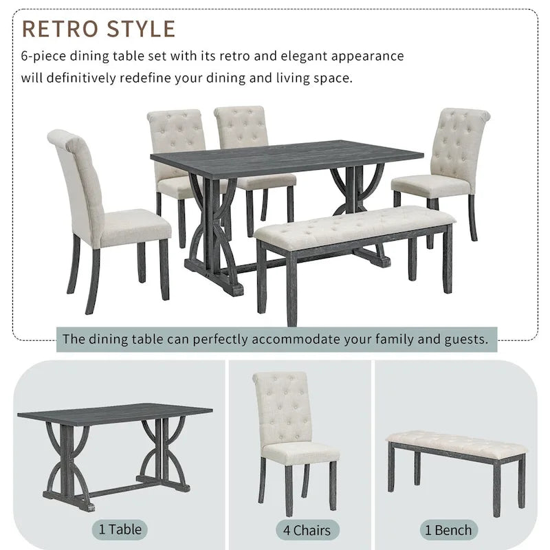 Set da pranzo rettangolare retrò – Noce/Grigio, 6 persone (tavolo + 4 sedie + panca)
