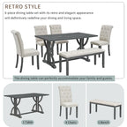 Set da pranzo rettangolare retrò – Noce/Grigio, 6 persone (tavolo + 4 sedie + panca)