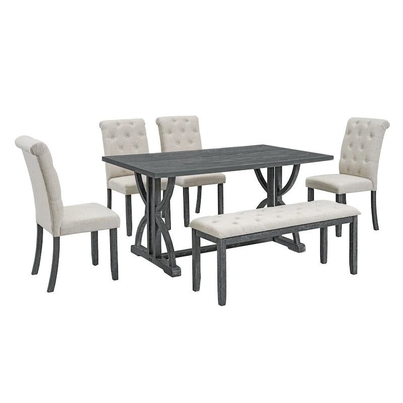 Set da pranzo rettangolare retrò – Noce/Grigio, 6 persone (tavolo + 4 sedie + panca)