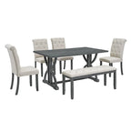 Set da pranzo rettangolare retrò – Noce/Grigio, 6 persone (tavolo + 4 sedie + panca)