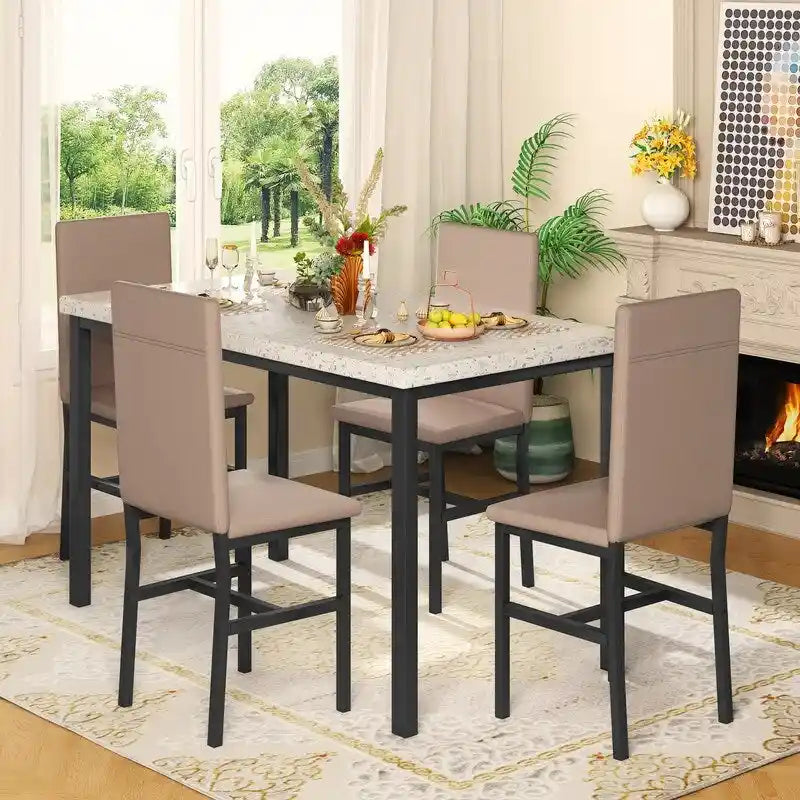 Set da pranzo di metà secolo per 4 persone in marmo bianco/color sabbia – Tavolo e 4 sedie
