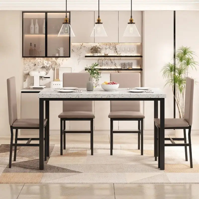 Set da pranzo di metà secolo per 4 persone in marmo bianco/color sabbia – Tavolo e 4 sedie
