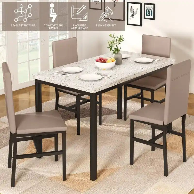 Set da pranzo di metà secolo per 4 persone in marmo bianco/color sabbia – Tavolo e 4 sedie