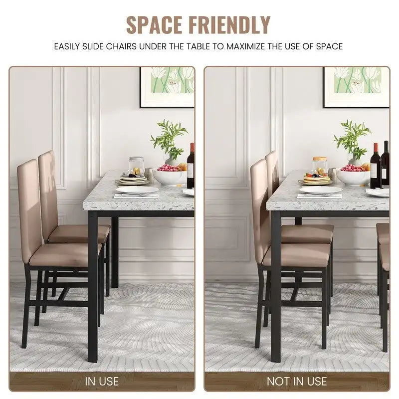 Set da pranzo di metà secolo per 4 persone in marmo bianco/color sabbia – Tavolo e 4 sedie