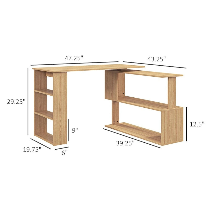 Scrivania ad angolo a L in legno naturale con ripiani, rotazione a 360°, per 1 persona