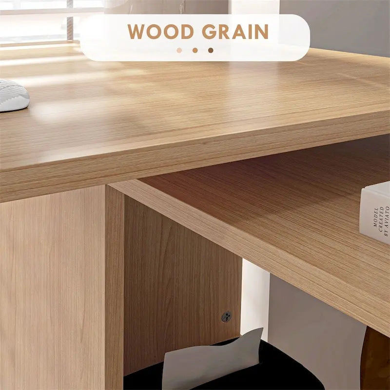 Scrivania ad angolo a L in legno naturale con ripiani, rotazione a 360°, per 1 persona