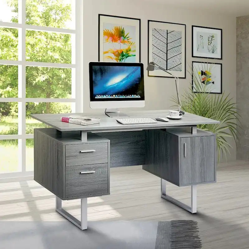 Scrivania per Computer Moderna di Lusso ed Elegante Grigia con Contenitore