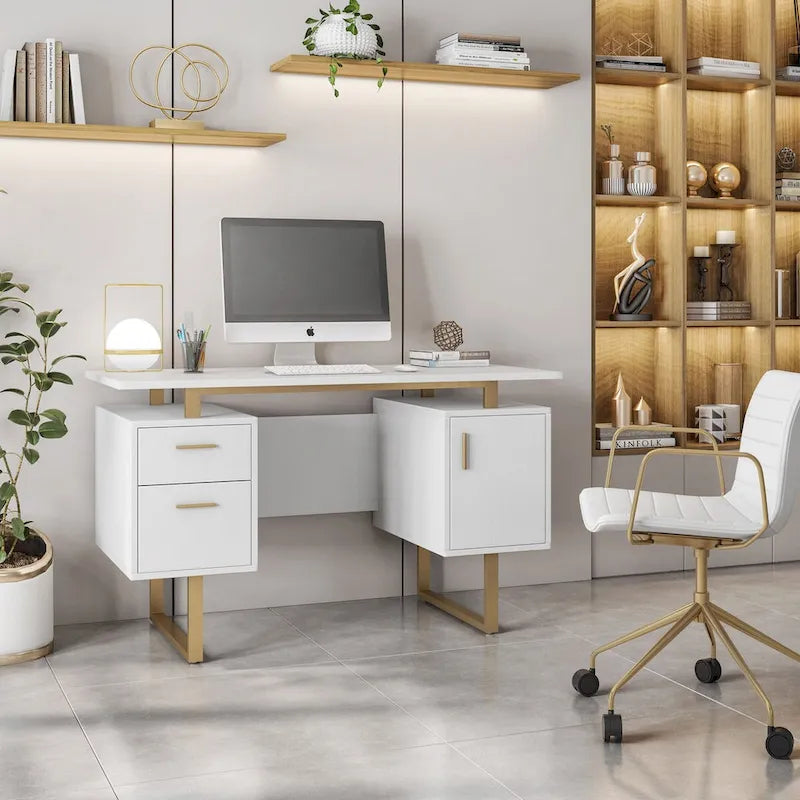 Scrivania per Computer Moderna di Lusso ed Elegante Grigia con Contenitore