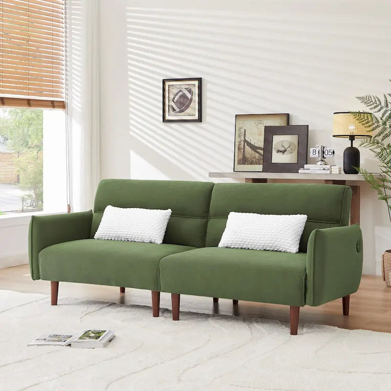 Divano Letto Futon in Velluto a Coste Verde/Grigio/Avorio con Gambe in Legno e 2 Cuscini – 1 Posto