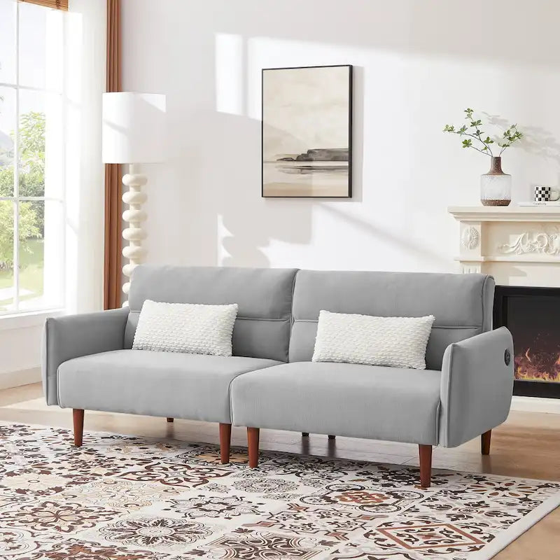 Divano Letto Futon in Velluto a Coste Verde/Grigio/Avorio con Gambe in Legno e 2 Cuscini – 1 Posto