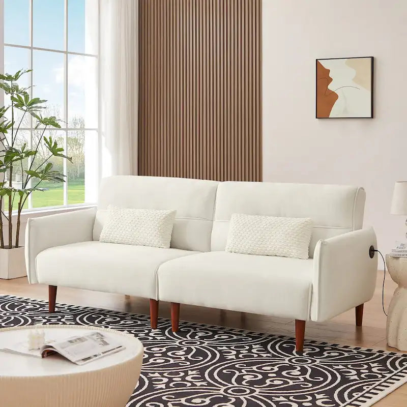 Divano Letto Futon in Velluto a Coste Verde/Grigio/Avorio con Gambe in Legno e 2 Cuscini – 1 Posto