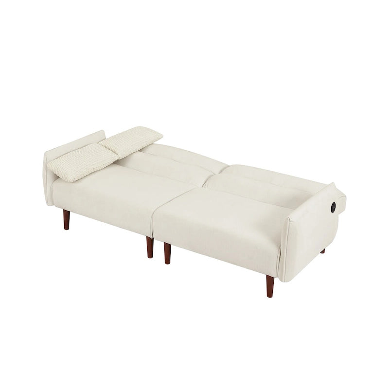 Divano Letto Futon in Velluto a Coste Verde/Grigio/Avorio con Gambe in Legno e 2 Cuscini – 1 Posto