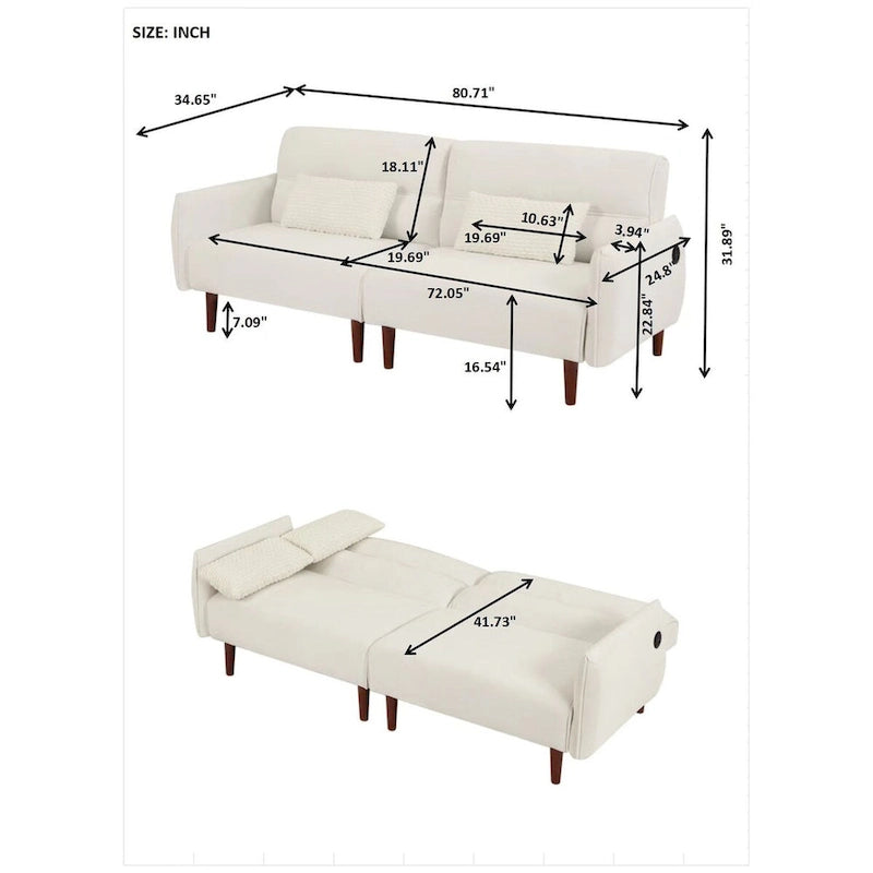Divano Letto Futon in Velluto a Coste Verde/Grigio/Avorio con Gambe in Legno e 2 Cuscini – 1 Posto