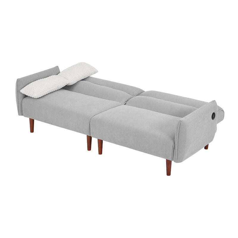 Divano Letto Futon in Velluto a Coste Verde/Grigio/Avorio con Gambe in Legno e 2 Cuscini – 1 Posto