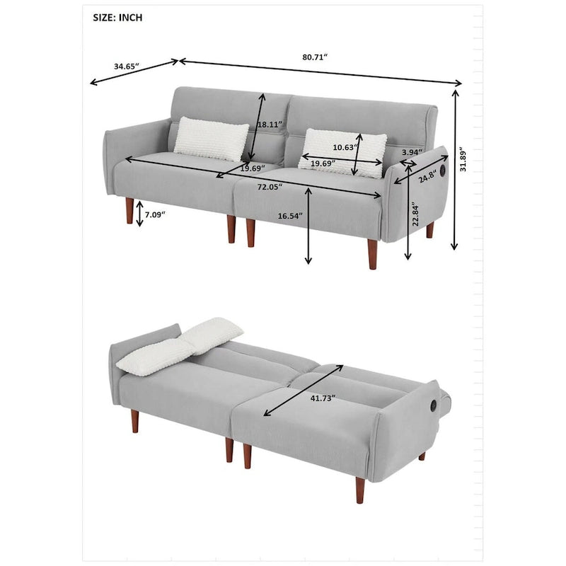 Divano Letto Futon in Velluto a Coste Verde/Grigio/Avorio con Gambe in Legno e 2 Cuscini – 1 Posto