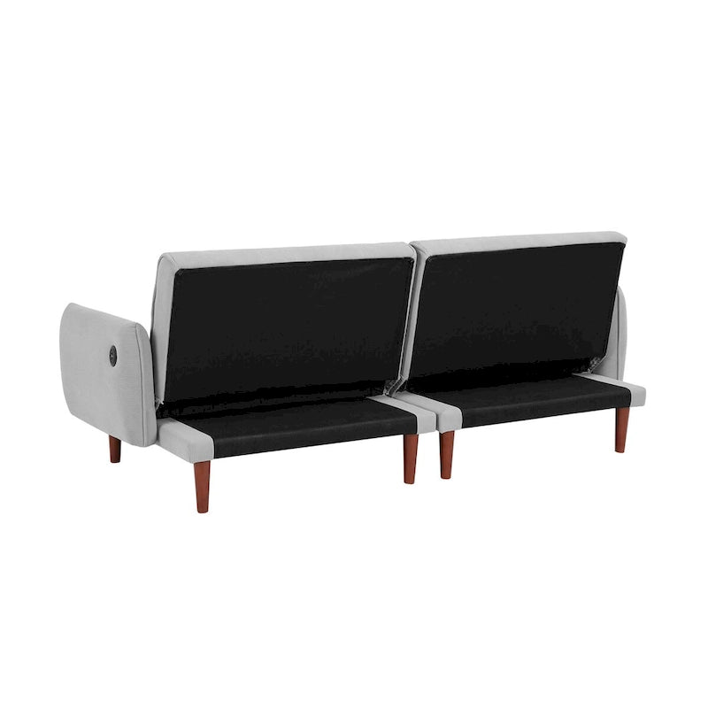 Divano Letto Futon in Velluto a Coste Verde/Grigio/Avorio con Gambe in Legno e 2 Cuscini – 1 Posto