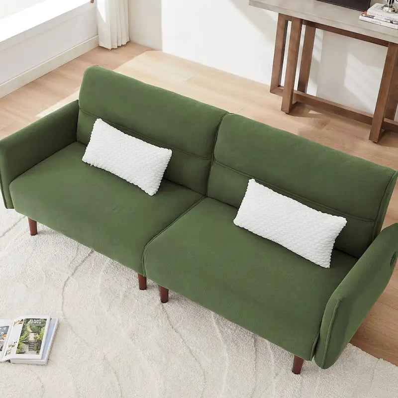 Divano Letto Futon in Velluto a Coste Verde/Grigio/Avorio con Gambe in Legno e 2 Cuscini – 1 Posto