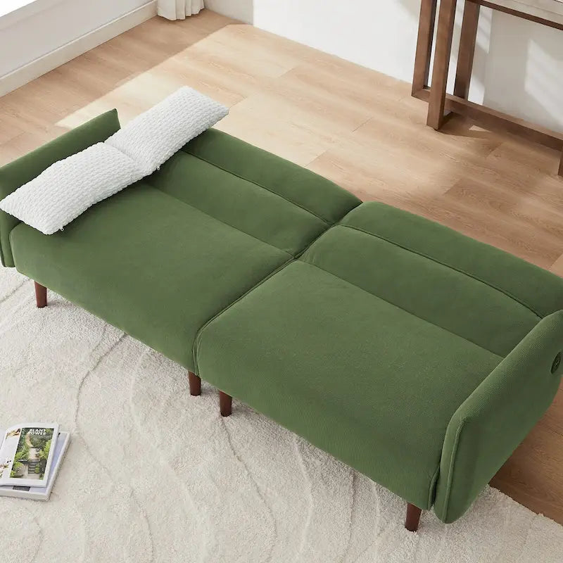 Divano Letto Futon in Velluto a Coste Verde/Grigio/Avorio con Gambe in Legno e 2 Cuscini – 1 Posto