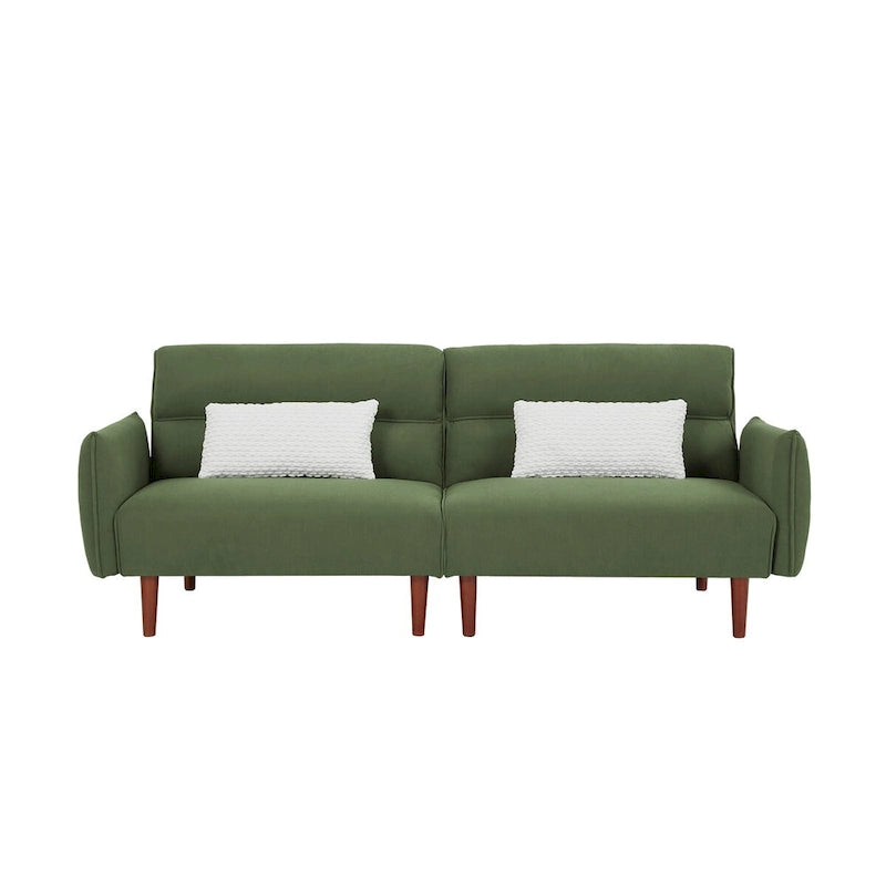 Divano Letto Futon in Velluto a Coste Verde/Grigio/Avorio con Gambe in Legno e 2 Cuscini – 1 Posto