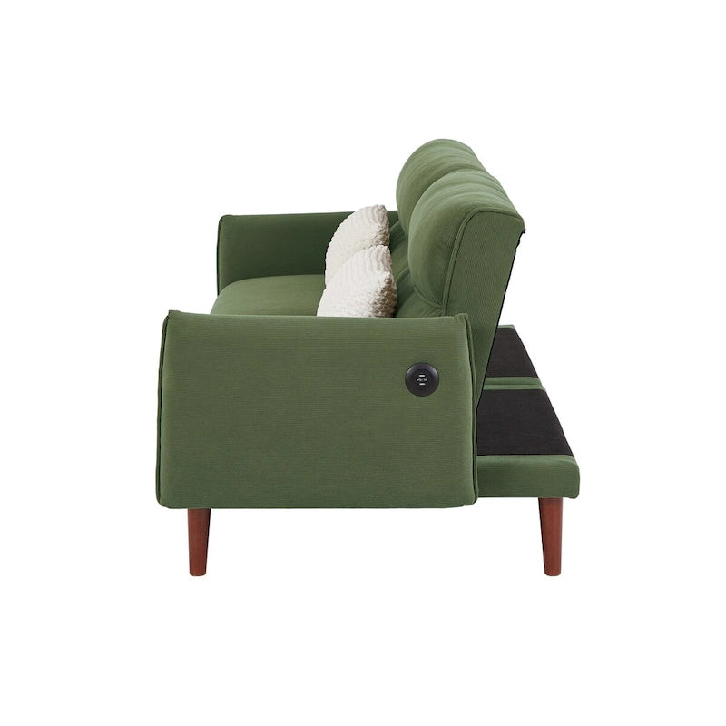 Divano Letto Futon in Velluto a Coste Verde/Grigio/Avorio con Gambe in Legno e 2 Cuscini – 1 Posto