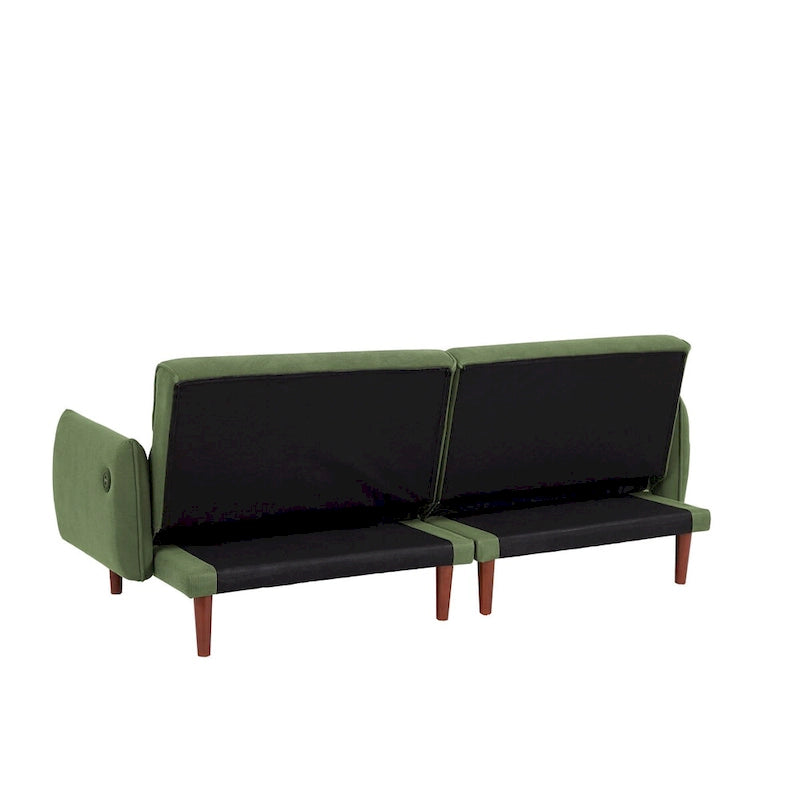 Divano Letto Futon in Velluto a Coste Verde/Grigio/Avorio con Gambe in Legno e 2 Cuscini – 1 Posto