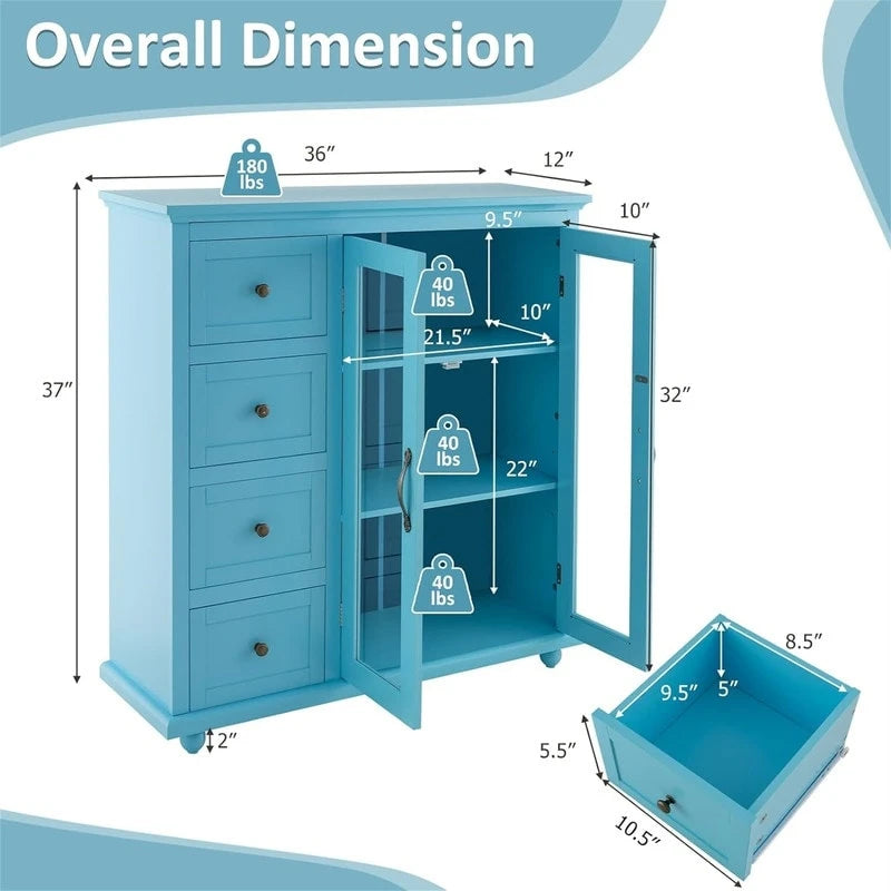 Credenza a buffet verde / blu / bianca con anta in vetro – Montaggio per 1 persona
