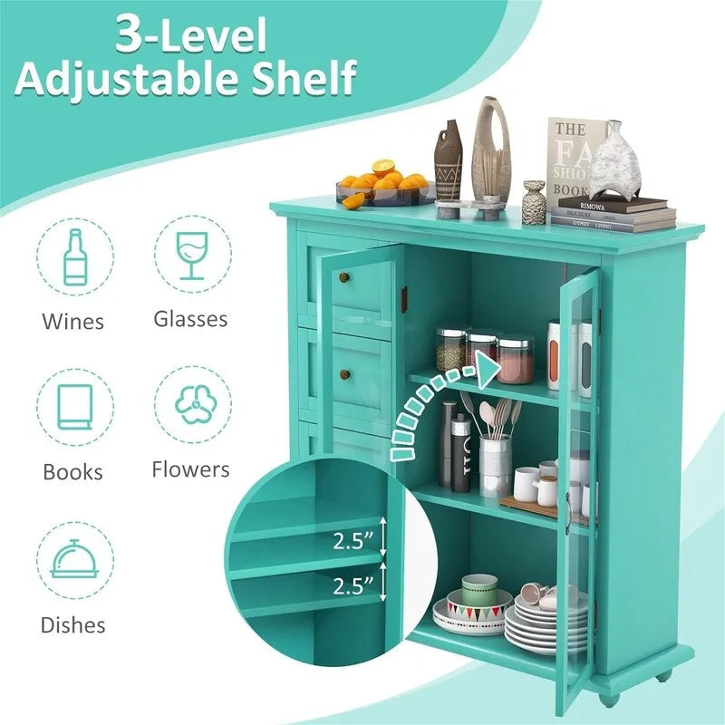 Credenza a buffet verde / blu / bianca con anta in vetro – Montaggio per 1 persona