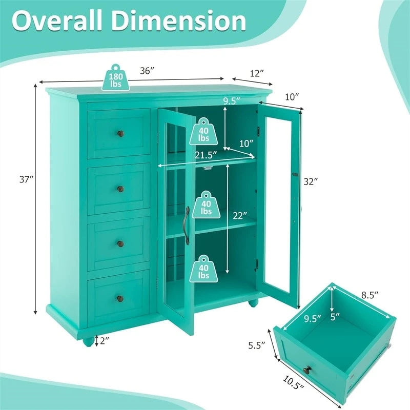 Credenza a buffet verde / blu / bianca con anta in vetro – Montaggio per 1 persona