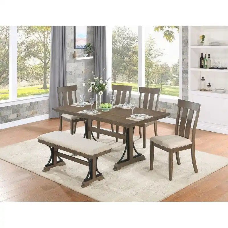 Set da pranzo in rovere marrone con borchie decorative – 5, 6 o 7 posti a sedere