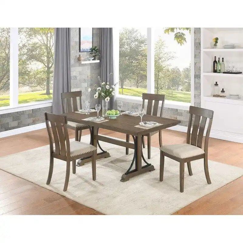 Set da pranzo in rovere marrone con borchie decorative – 5, 6 o 7 posti a sedere