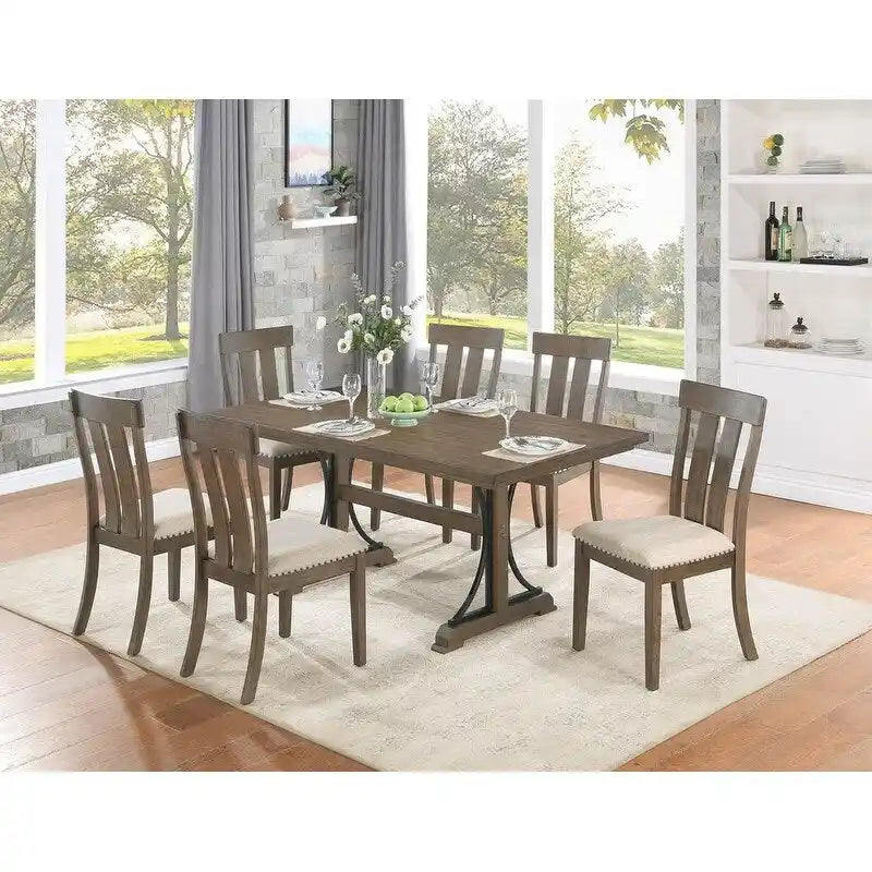 Set da pranzo in rovere marrone con borchie decorative – 5, 6 o 7 posti a sedere