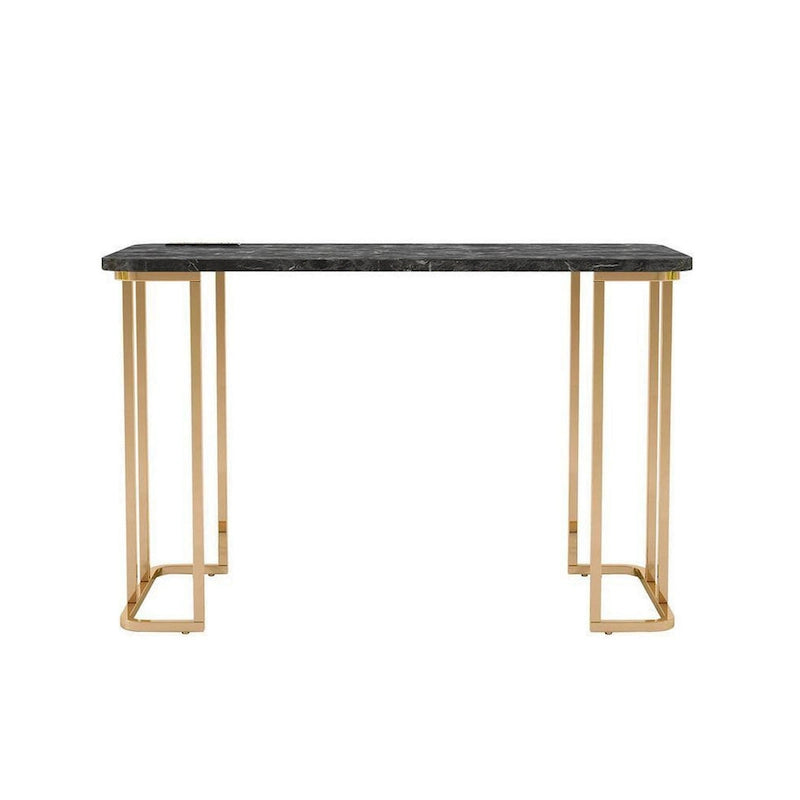 Scrivania da 119 cm, struttura dorata e piano in finto marmo nero, 1 persona, USB e presa di corrente
