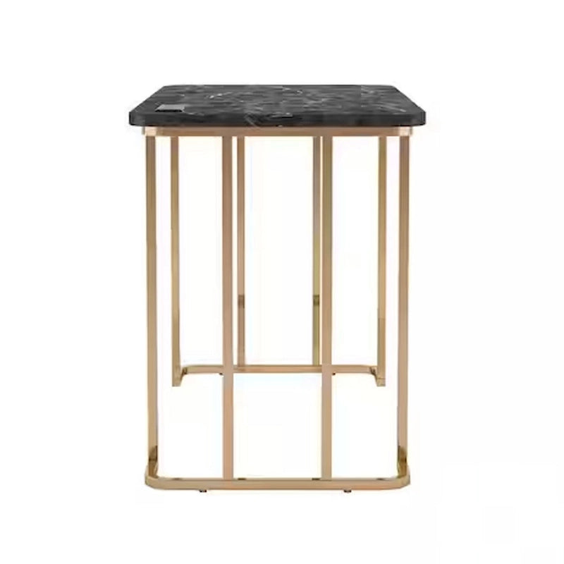 Scrivania da 119 cm, struttura dorata e piano in finto marmo nero, 1 persona, USB e presa di corrente