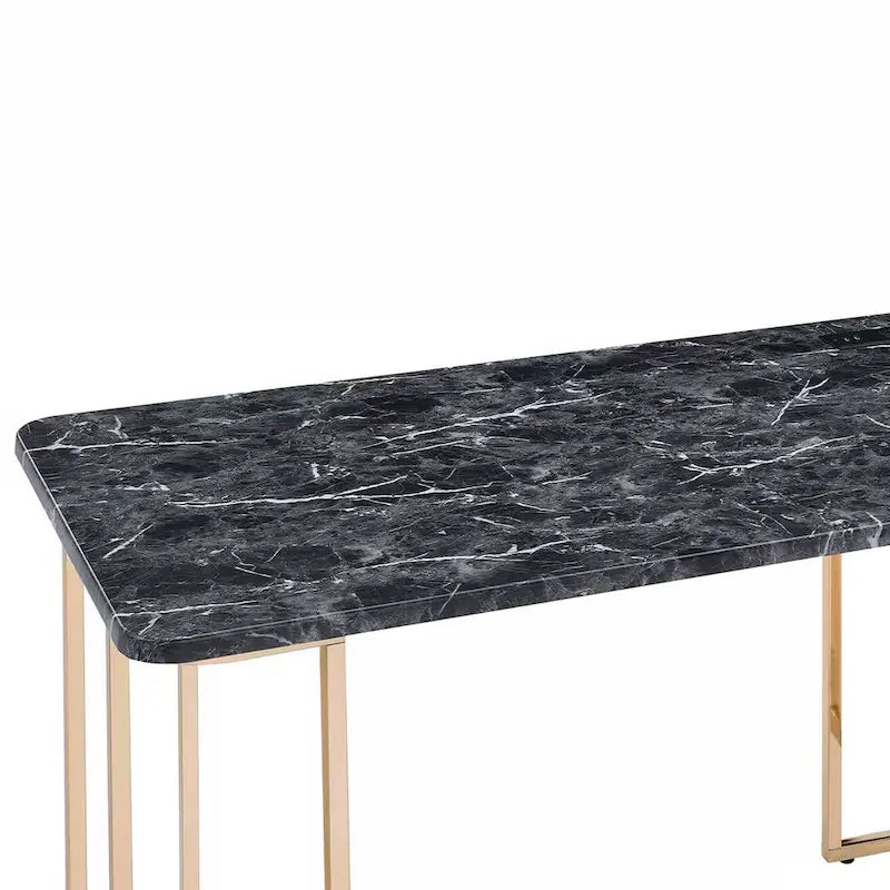 Scrivania da 119 cm, struttura dorata e piano in finto marmo nero, 1 persona, USB e presa di corrente