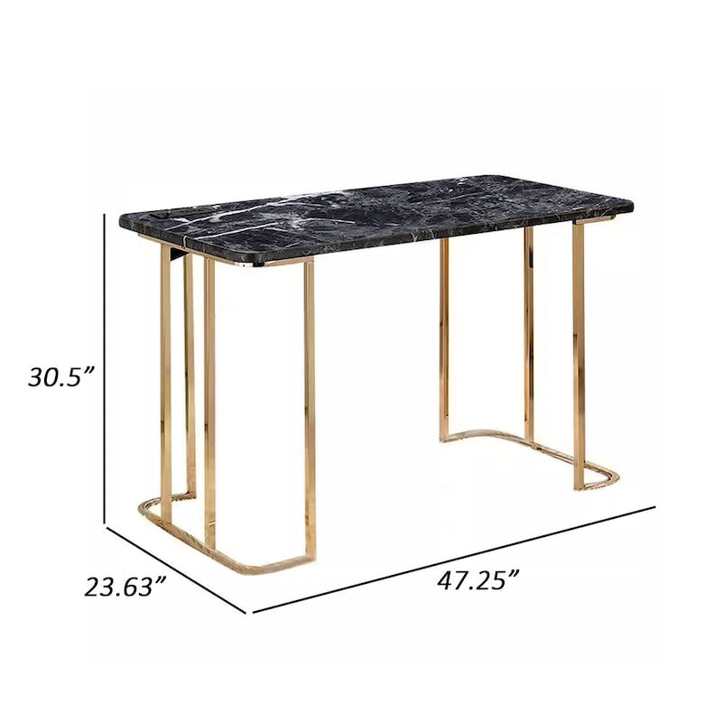 Scrivania da 119 cm, struttura dorata e piano in finto marmo nero, 1 persona, USB e presa di corrente