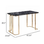Scrivania da 119 cm, struttura dorata e piano in finto marmo nero, 1 persona, USB e presa di corrente