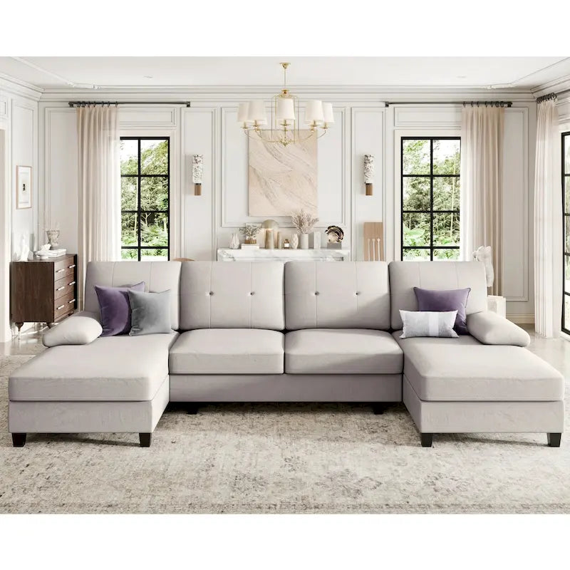 Divano componibile a U a 4 posti in lino – Beige / Grigio chiaro / Grigio scuro / Blu / Beige scuro / Nero